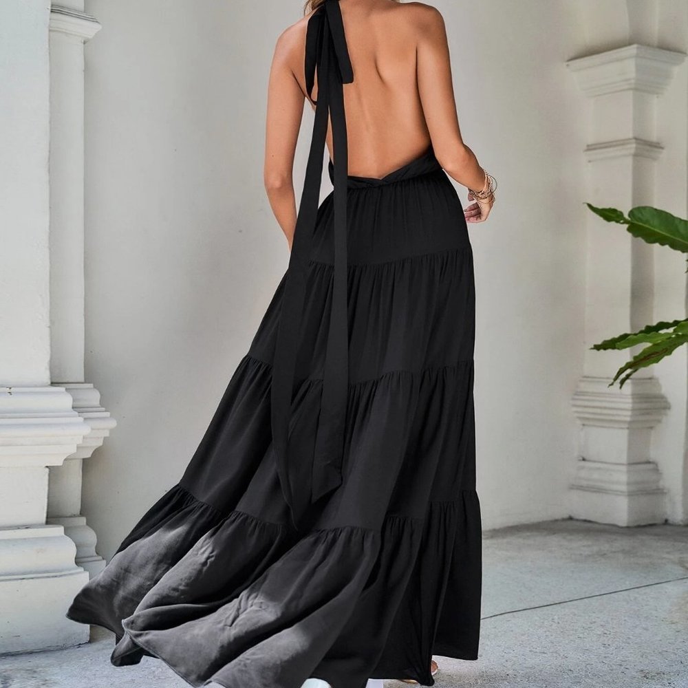 Tie Backless Ruffle Hem Halter Dress - Black - Picture 3 of 5